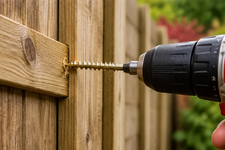 Exterior timber screws being used to repair wooden garden fencing
